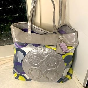 Coach silver with colorful design handbag with purple interior and creed